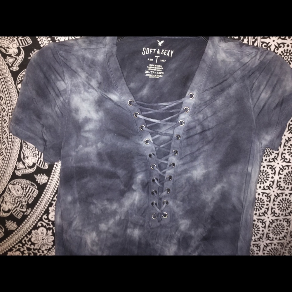 💛 Lace Up Tye Dye Gray-Blue Top